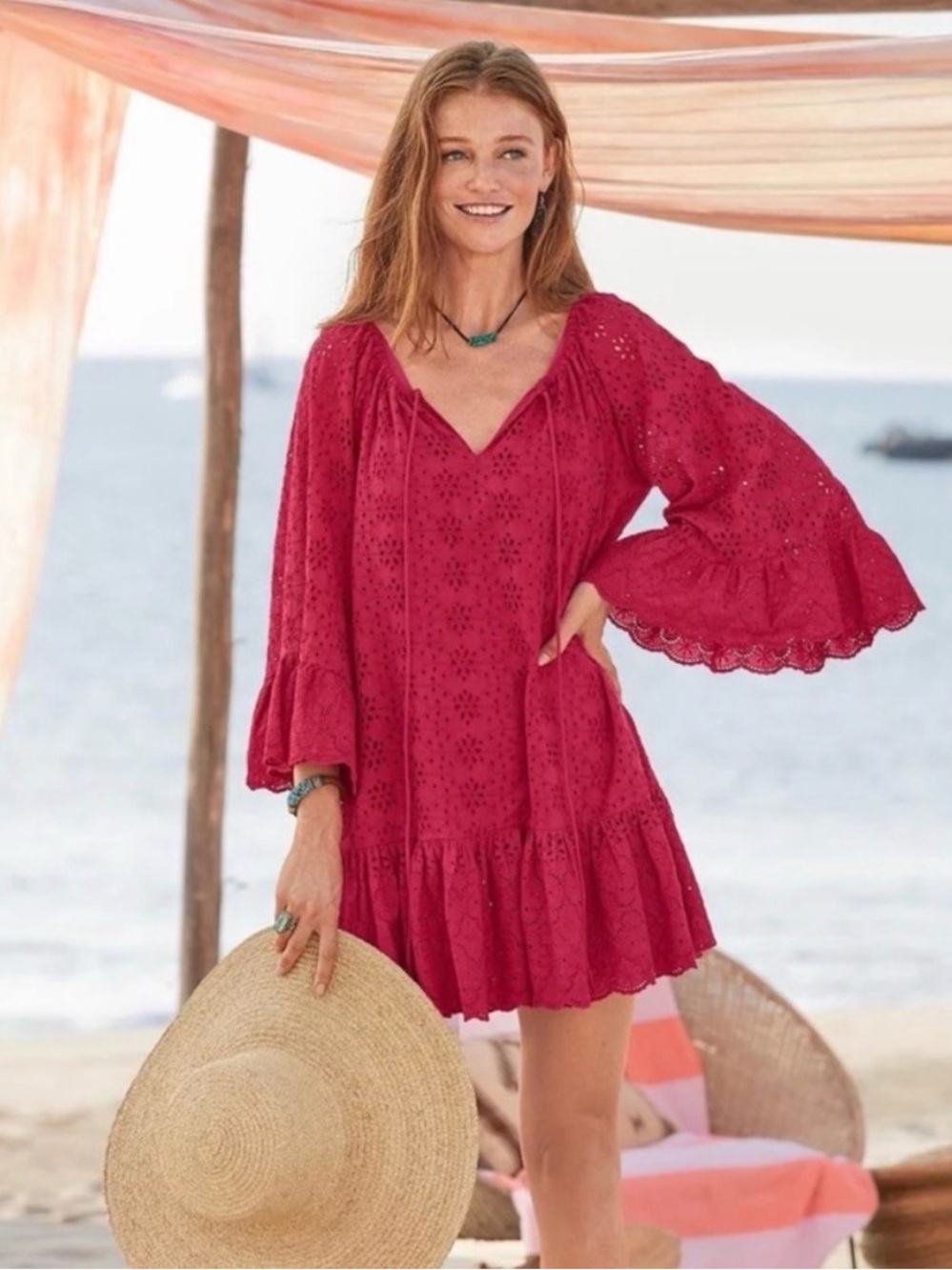 Sundance Moray Eyelet Cover-Up Dress in Lipstick Red Sz L